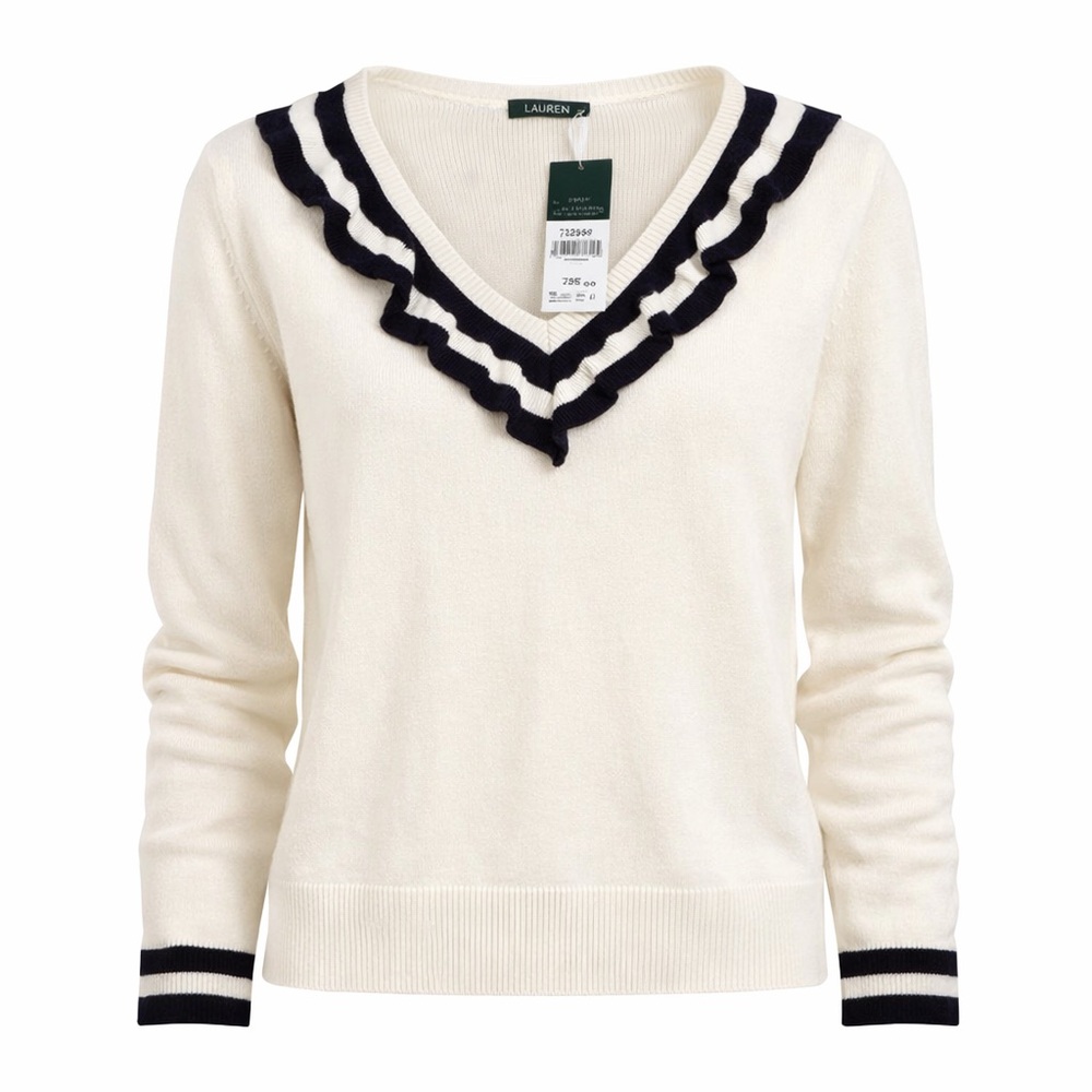 Lauren Ralph Lauren Knit Sweater Cream Navy Cotton Size M Preppy Coastal NWT - Picture 1 of 9